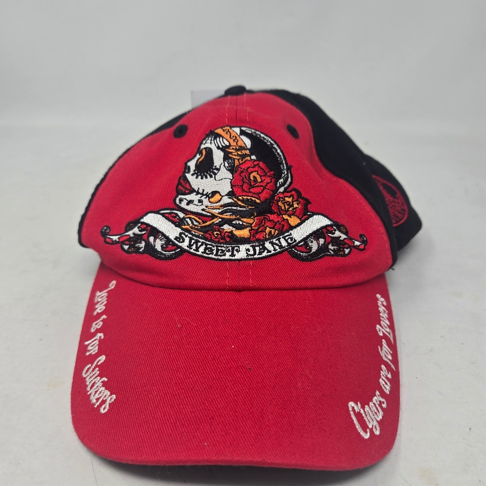 Drew Estate Deadwood Sweet Jane Cigar Hat Red Black Sugar Skull Embroidered Cap